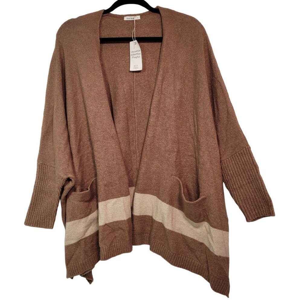 Women Long Cardigan Sweater Open-Front Chunky Ribbed Swing Fit Brown Small